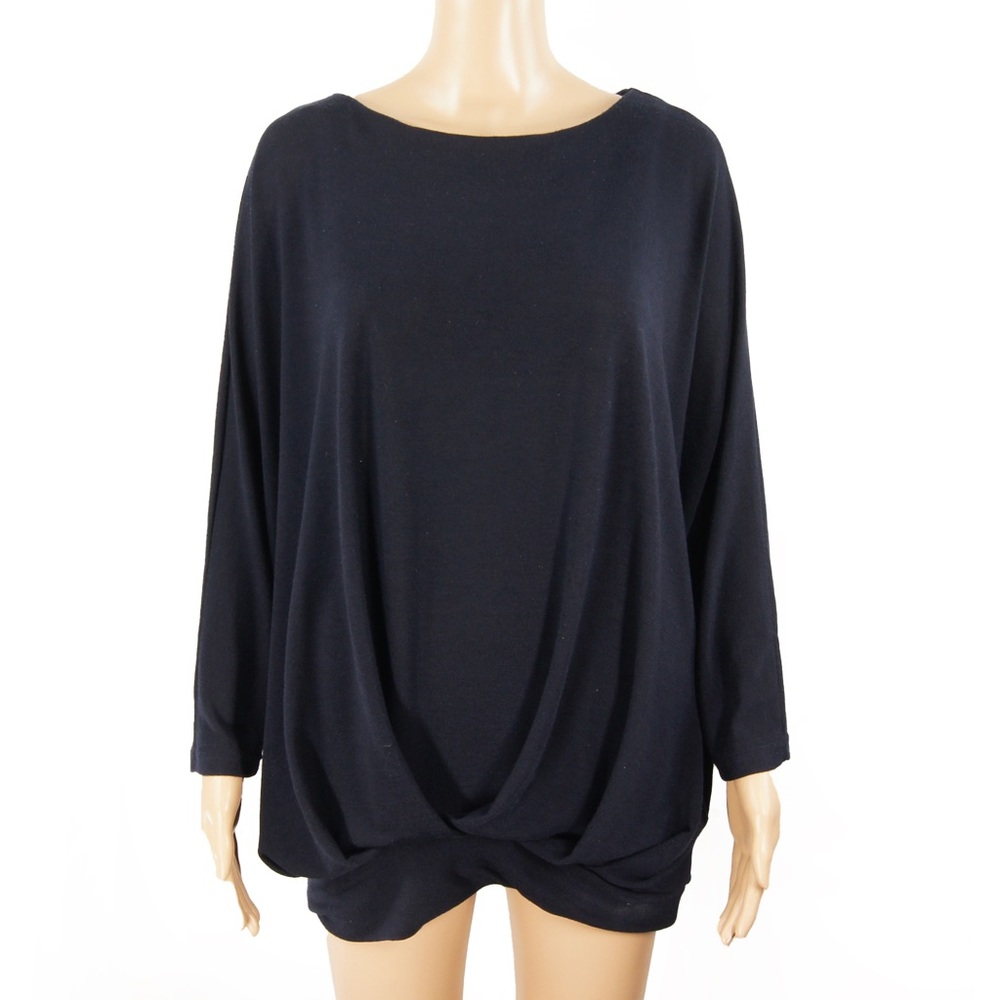 Vintage Vivian Shyu Dark Navy Blue Knit Quarter Sleeve Drape Tunic Top